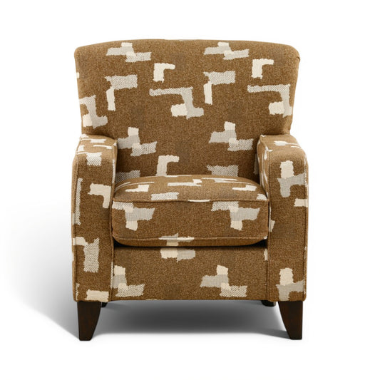 Accent chair with brown and cream geometric-pattern upholstered arms and seat
