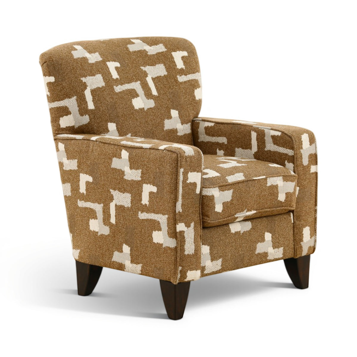 Accent chair with brown and cream geometric-pattern upholstery, rounded arms, dark legs