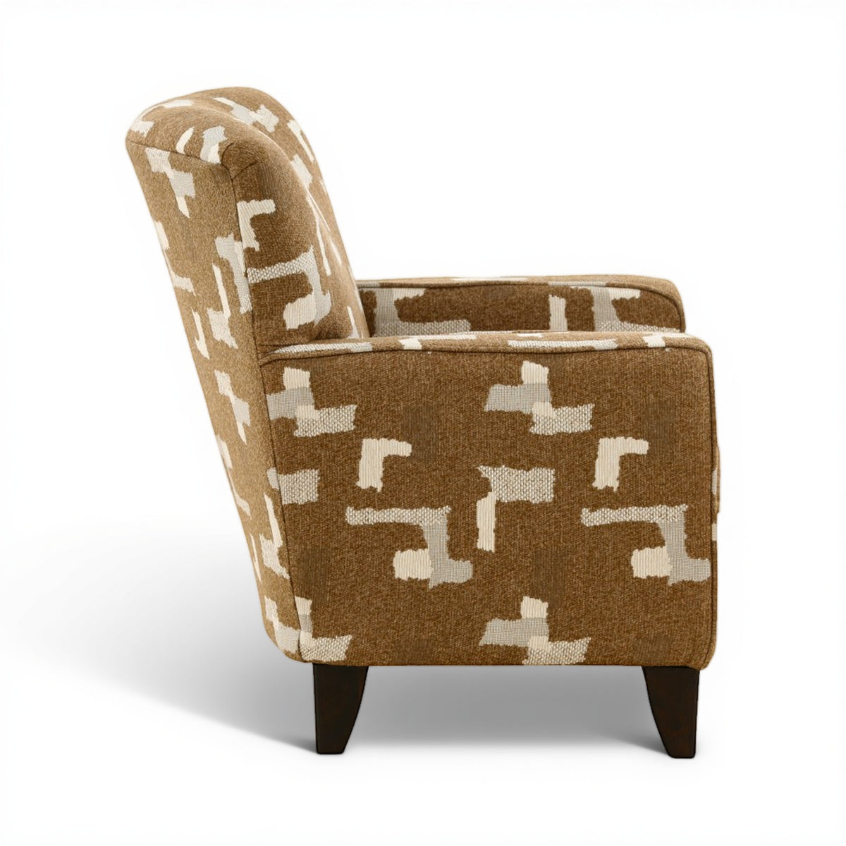 Accent chair with brown and cream geometric-pattern fabric, side view and turned legs
