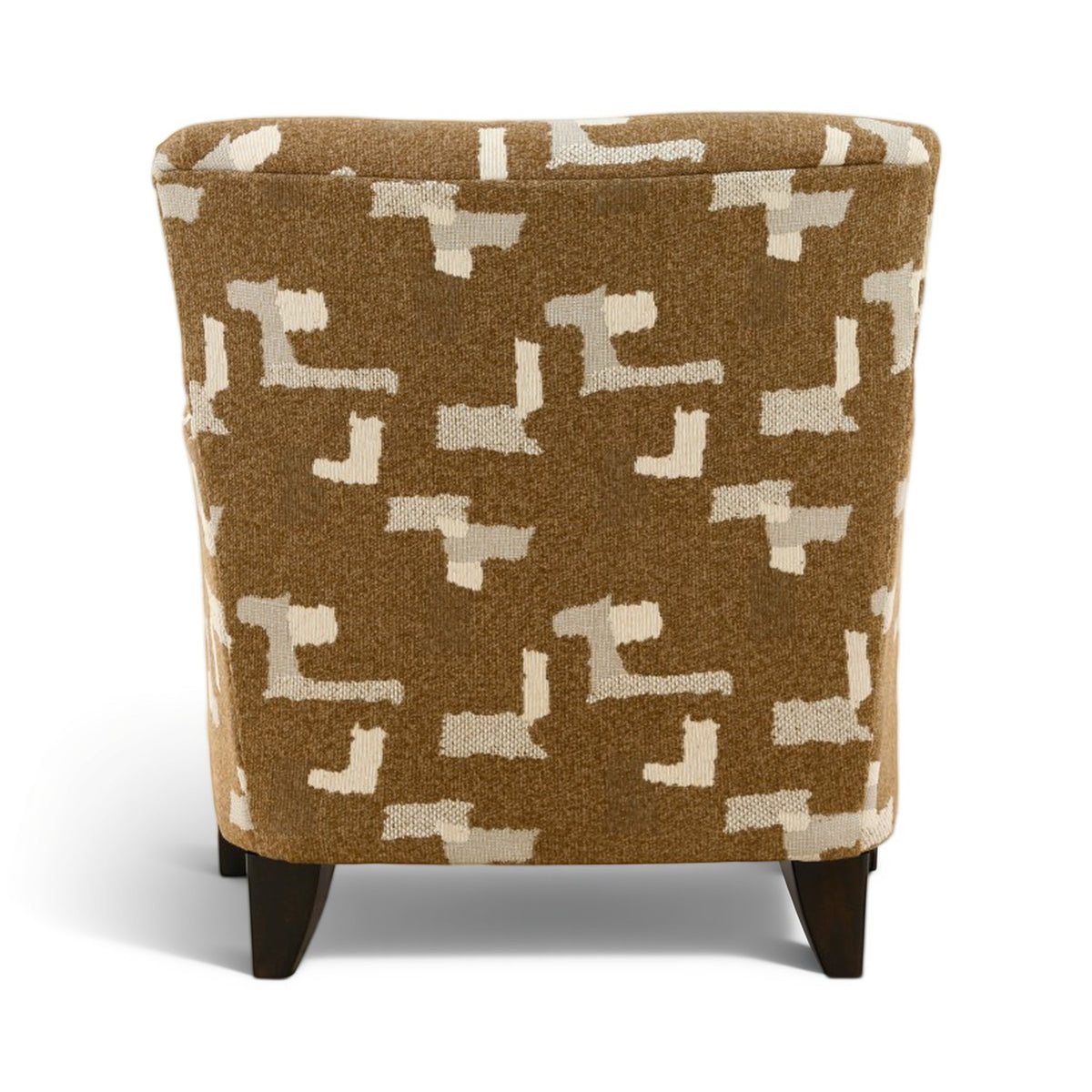 Accent chair with brown and cream geometric-pattern upholstery, square back and dark legs