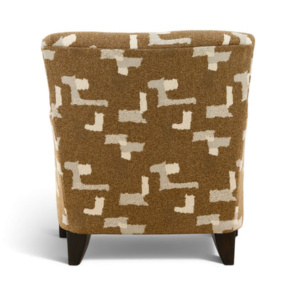 Accent chair with brown and cream geometric-pattern upholstery, square back and dark legs
