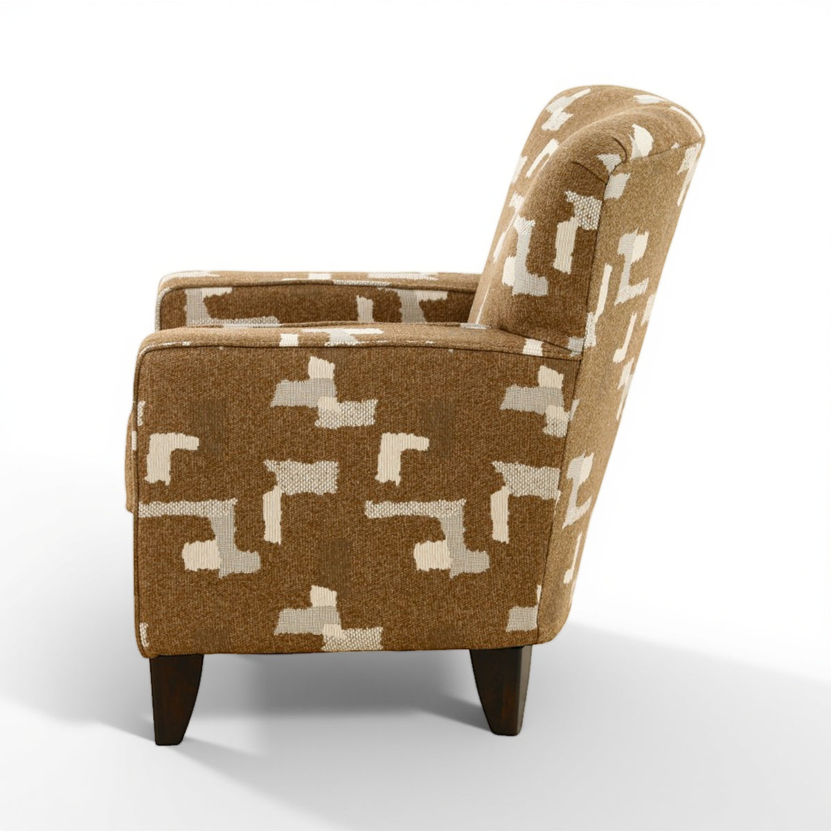 Accent chair with brown and cream geometric-pattern upholstery, close side angle