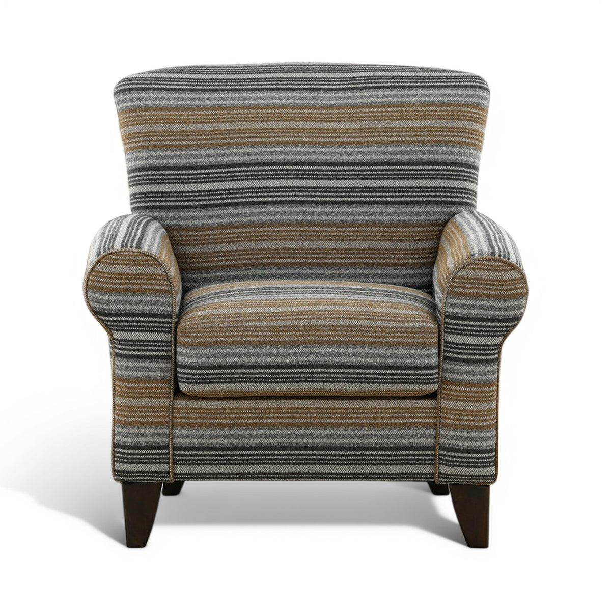 Accent chair with gray and tan striped fabric upholstery, padded arms, dark legs
