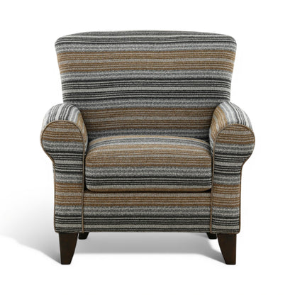 Accent chair with gray and tan striped fabric upholstery, padded arms, dark legs