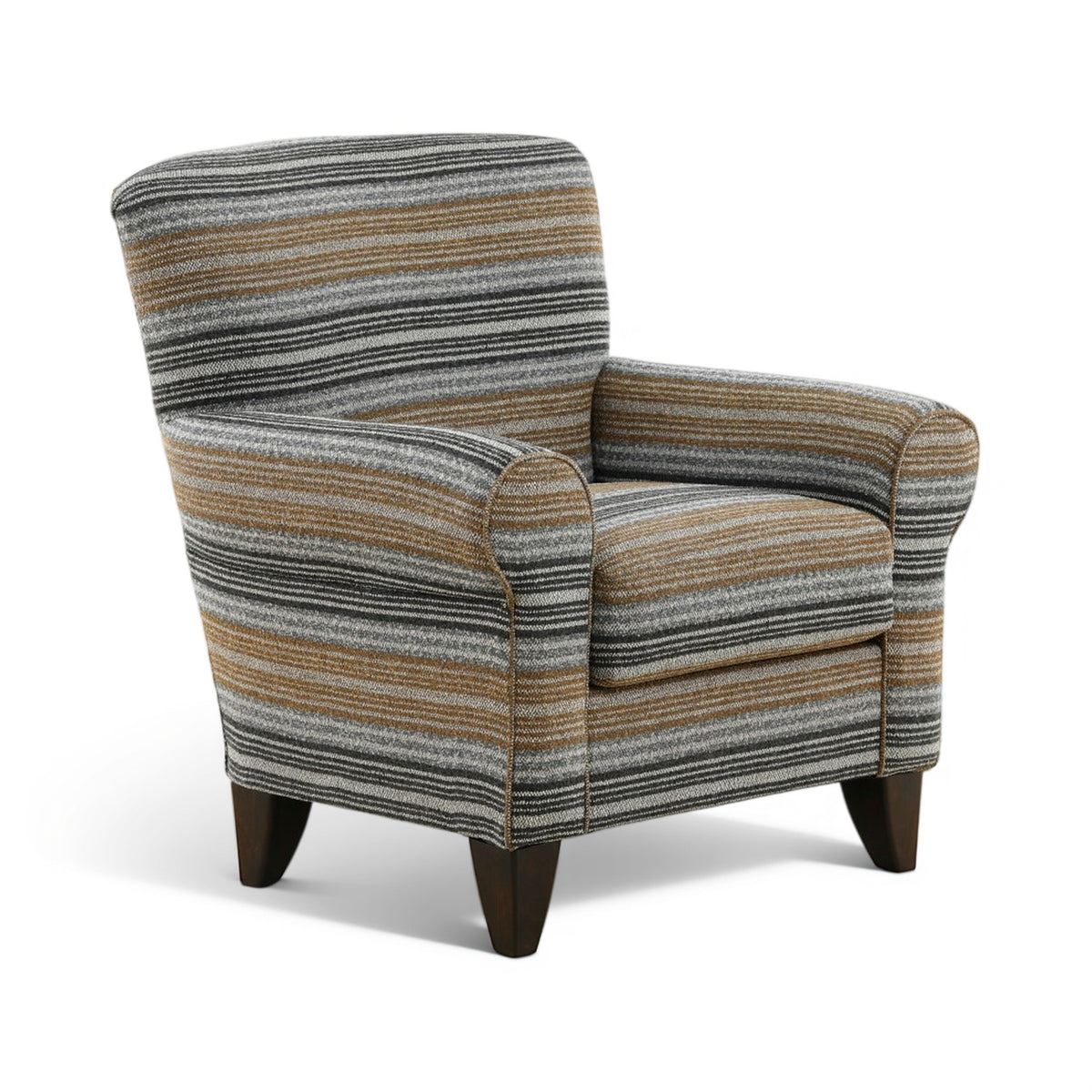Accent chair with multicolor striped upholstery, rounded arms, dark wooden legs
