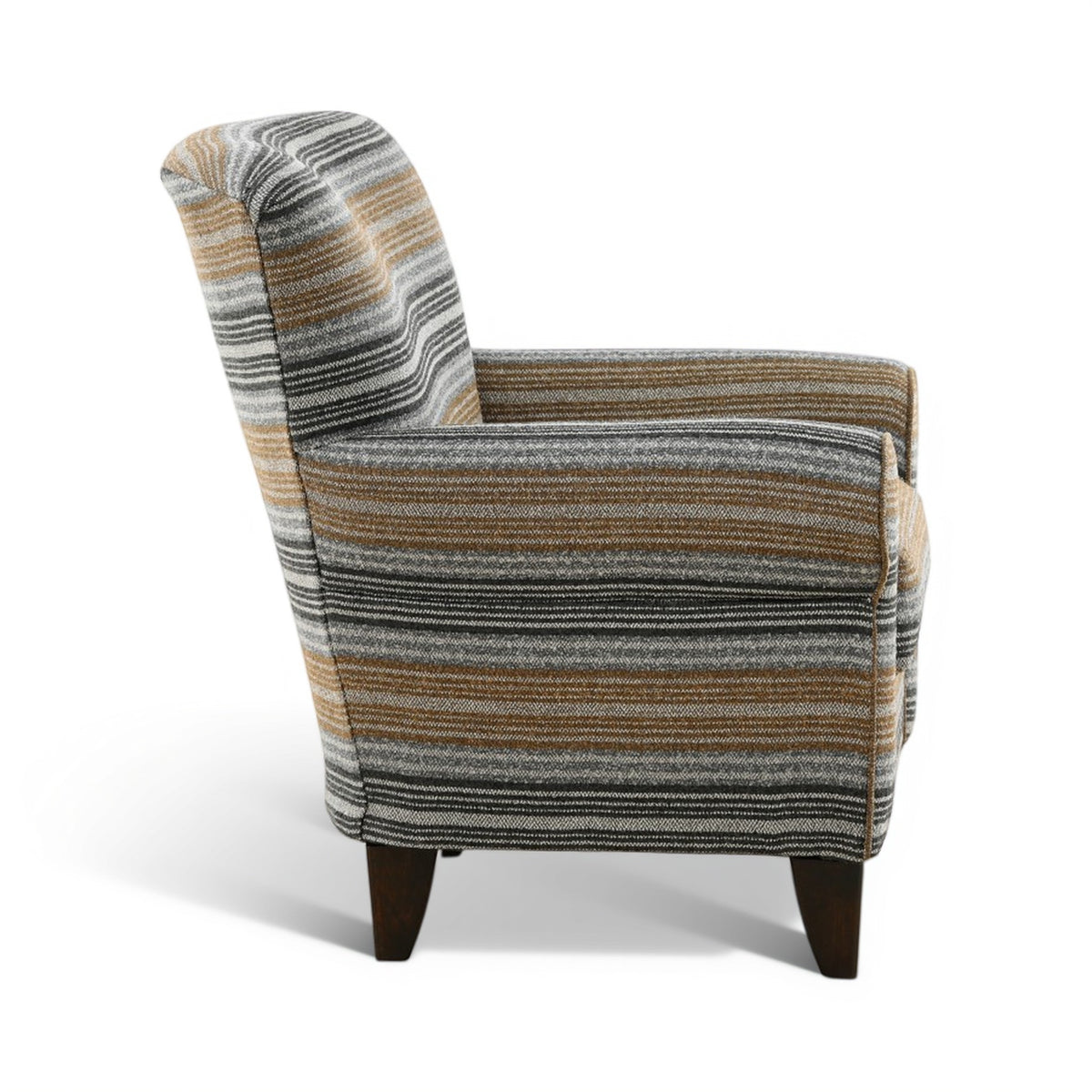 Accent chair with gray and tan horizontal striped upholstery, front-side view