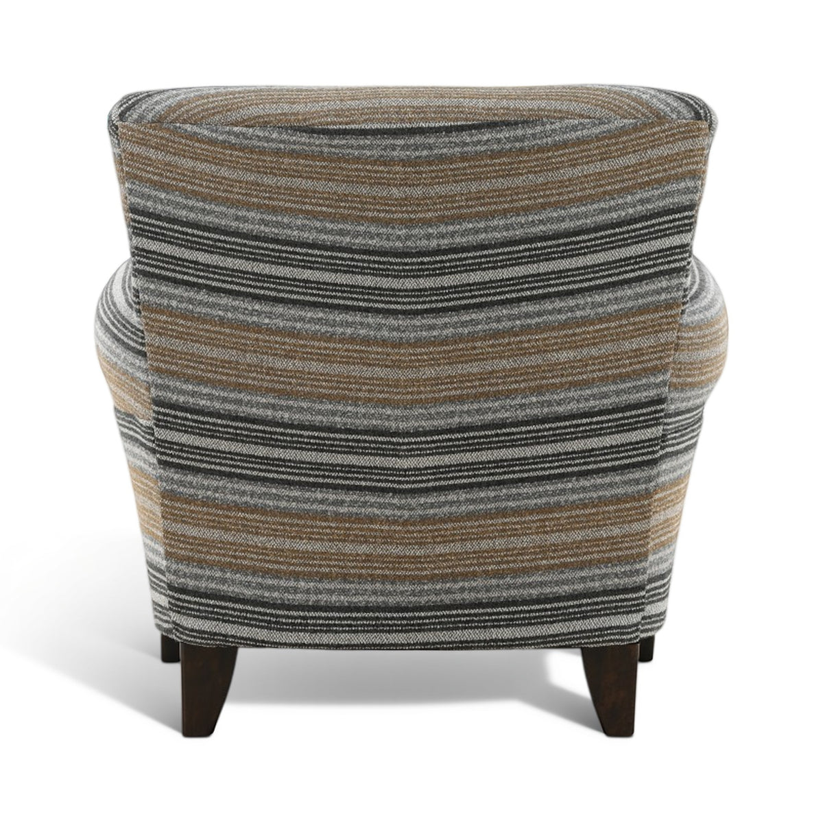 Striped upholstered accent chair with rounded arms and tapered legs, gray/tan