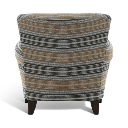 Striped upholstered accent chair with rounded arms and tapered legs, gray/tan