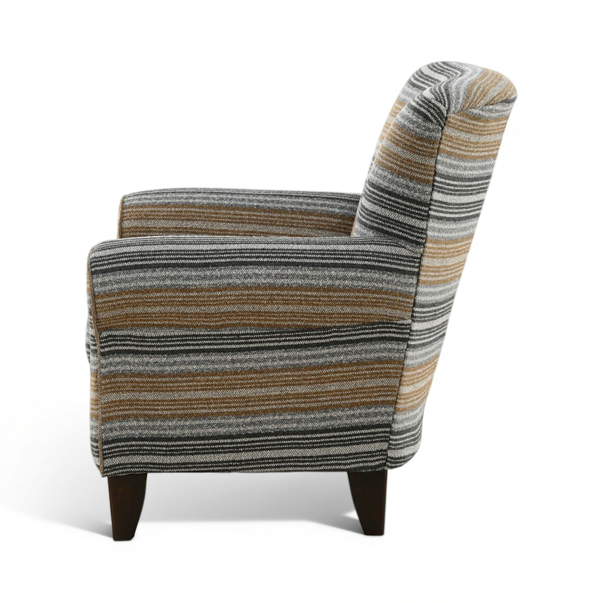 Accent chair with multicolor striped upholstery, angled arm and dark legs