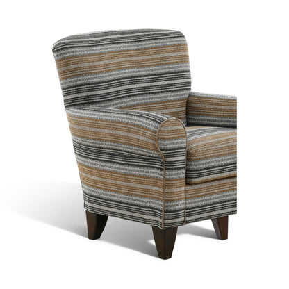 Striped upholstered accent chair, side view, rounded arms and tapered legs, gray/tan