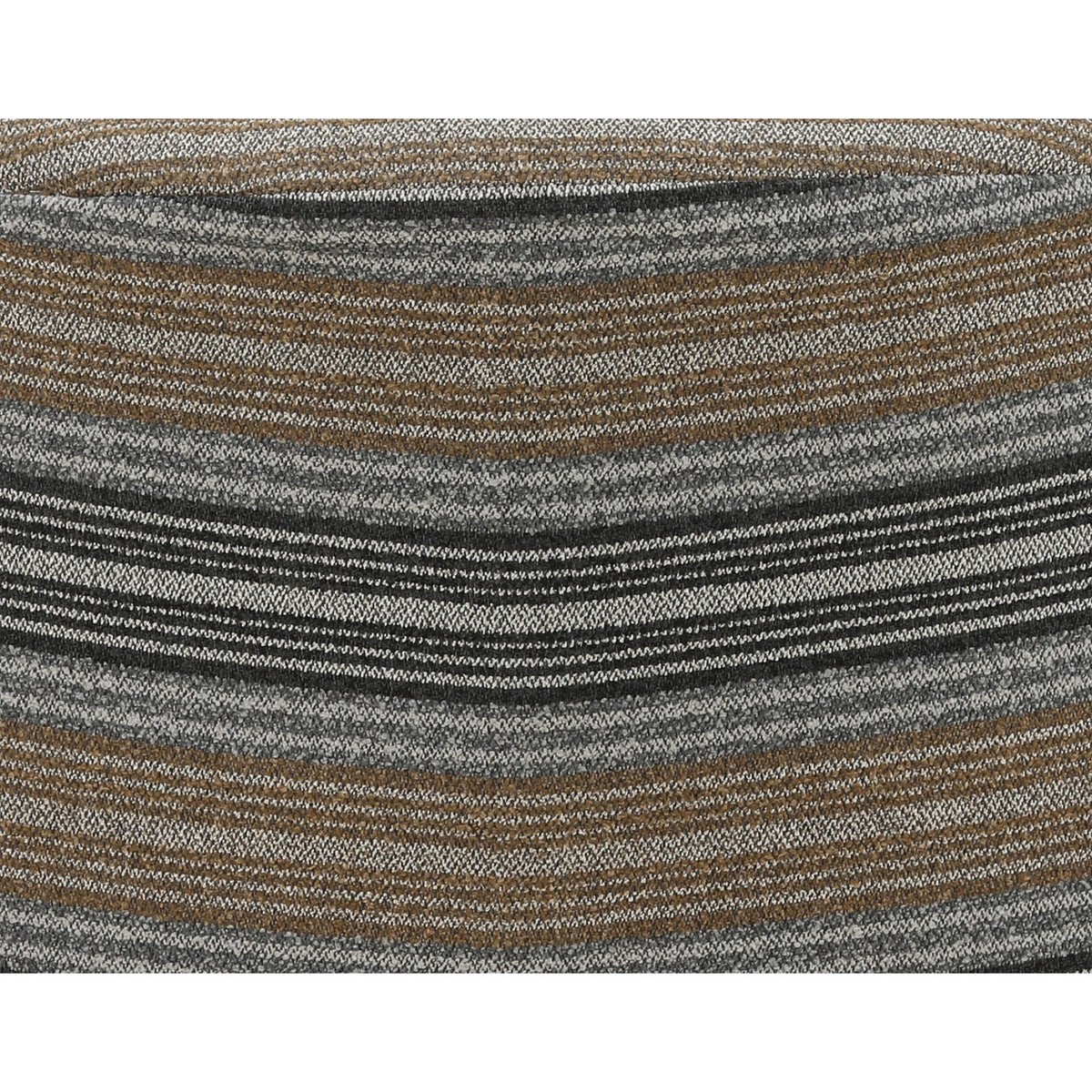 Close-up of striped upholstery fabric on an accent chair, gray with tan/golden lines