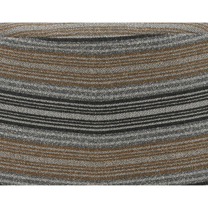 Close-up of striped upholstery fabric on an accent chair, gray with tan/golden lines