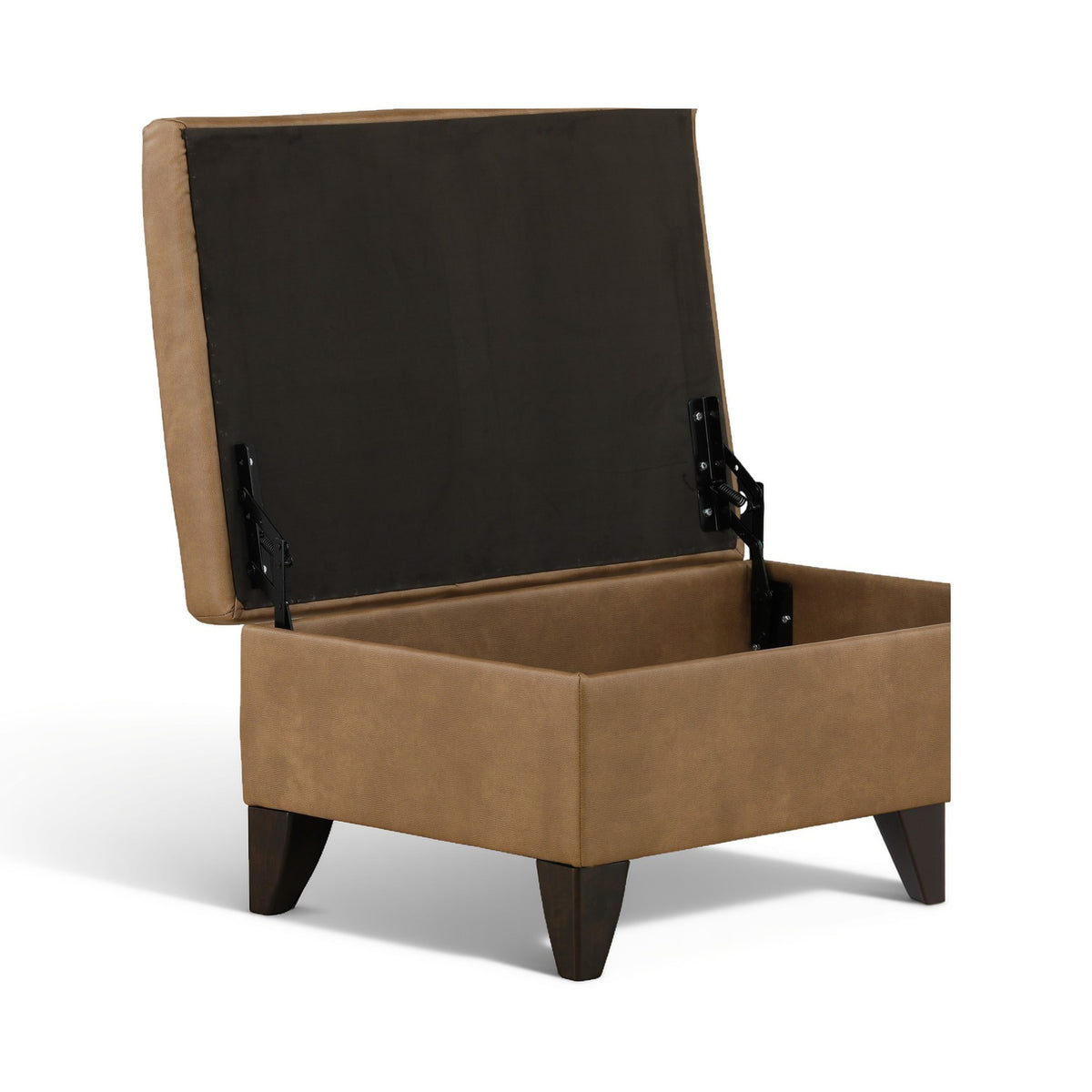 Brown fabric storage ottoman with hinged lid open and dark wooden legs