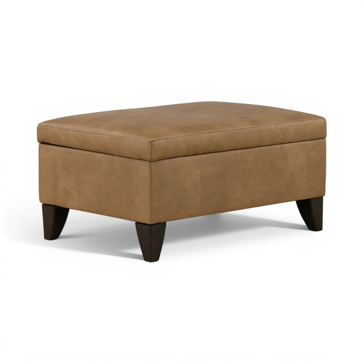Tan upholstered storage ottoman with cushioned top and dark tapered legs