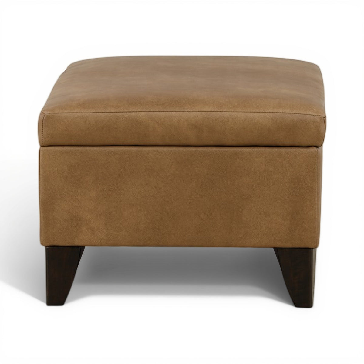 Tan upholstered storage ottoman with cushioned top and dark wooden feet