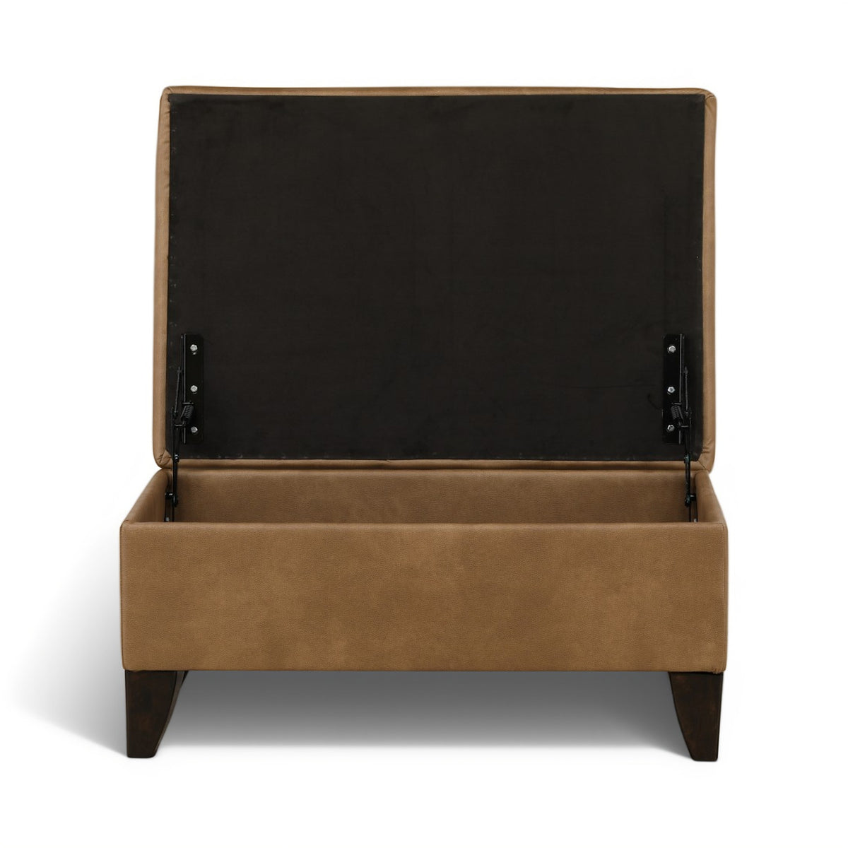 Tan storage ottoman with lid open, showing black hinge hardware and interior