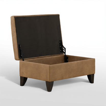 Tan storage ottoman with open lid, black hinges, and spacious interior compartment