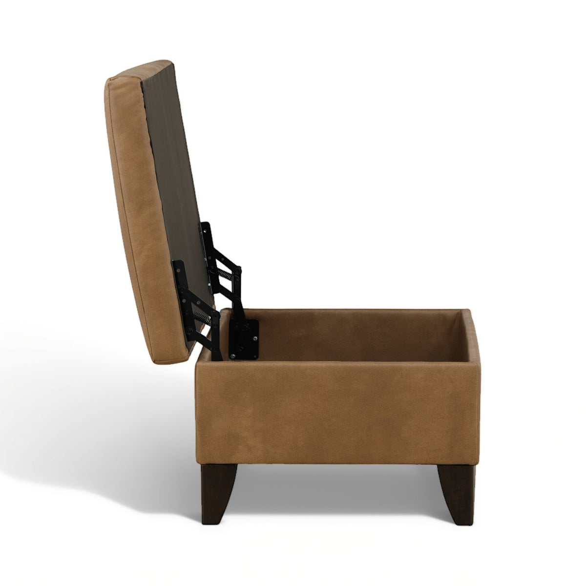 Tan storage ottoman with lid raised, black hinge mechanism and open interior