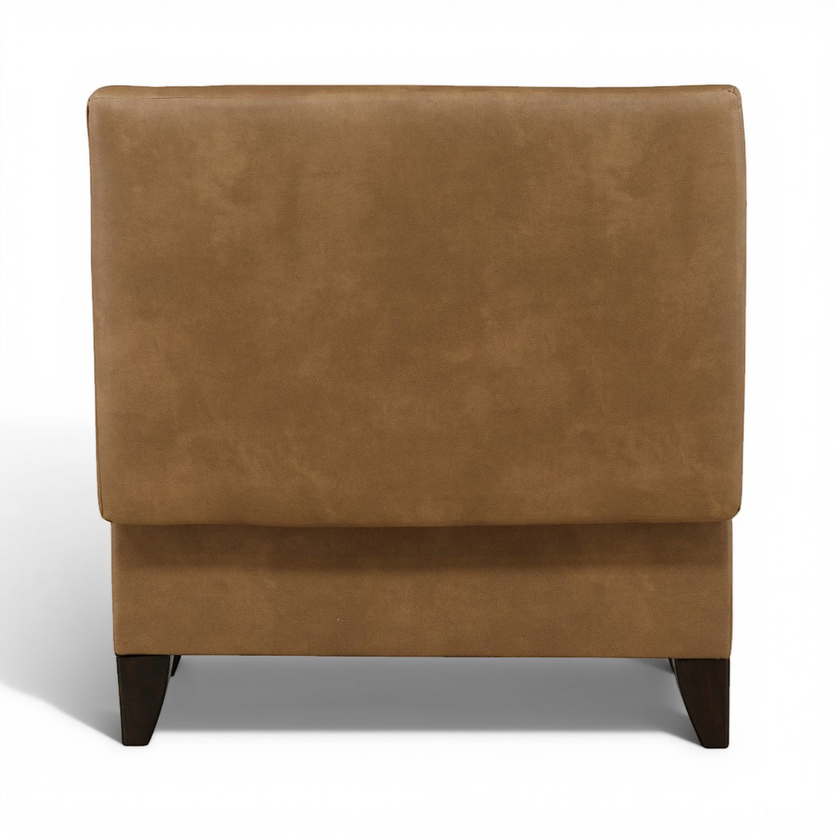Tan storage ottoman with padded top, hinged lid, and dark wooden legs