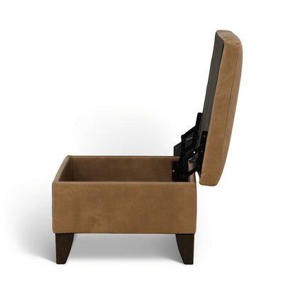 Tan storage ottoman with open lid, black hinges visible on the side