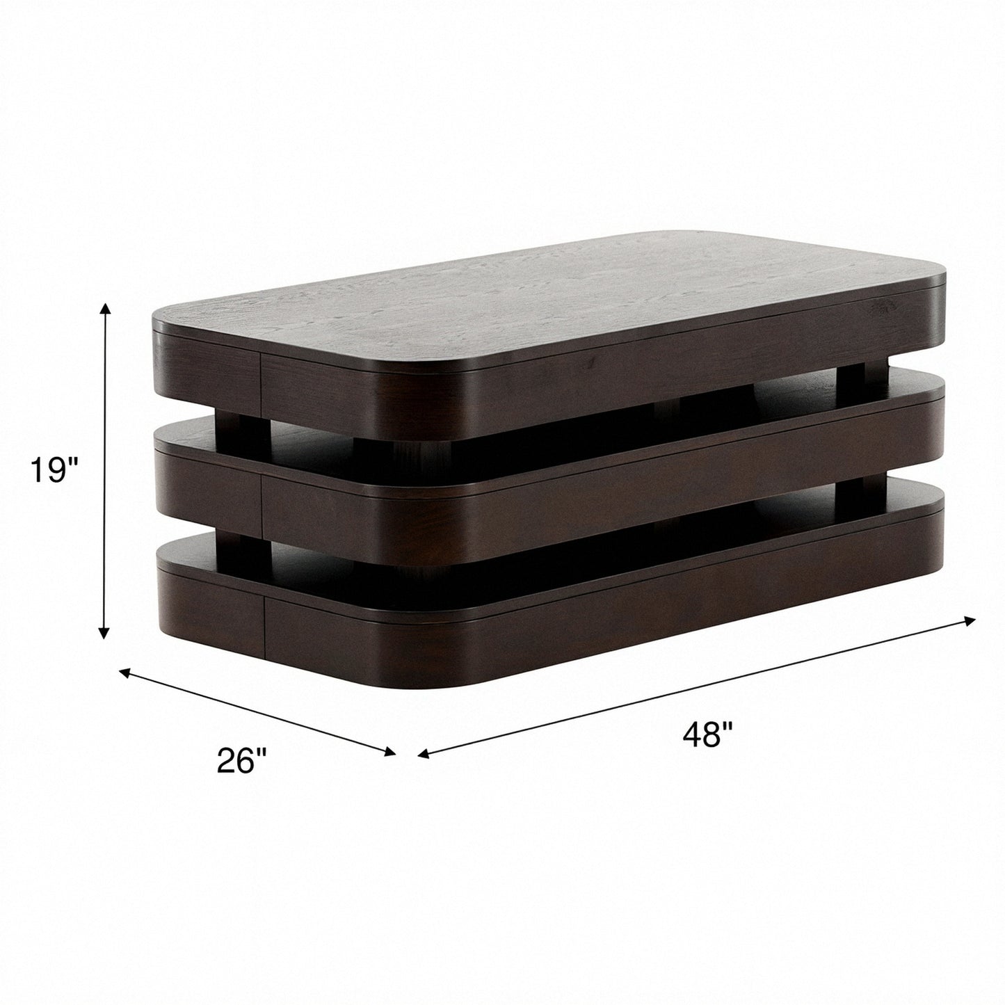 Dark wood rectangular coffee table with open slatted lower shelf, 48 x 26 in.