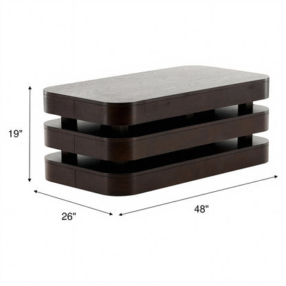 Dark wood rectangular coffee table with open slatted lower shelf, 48 x 26 in.