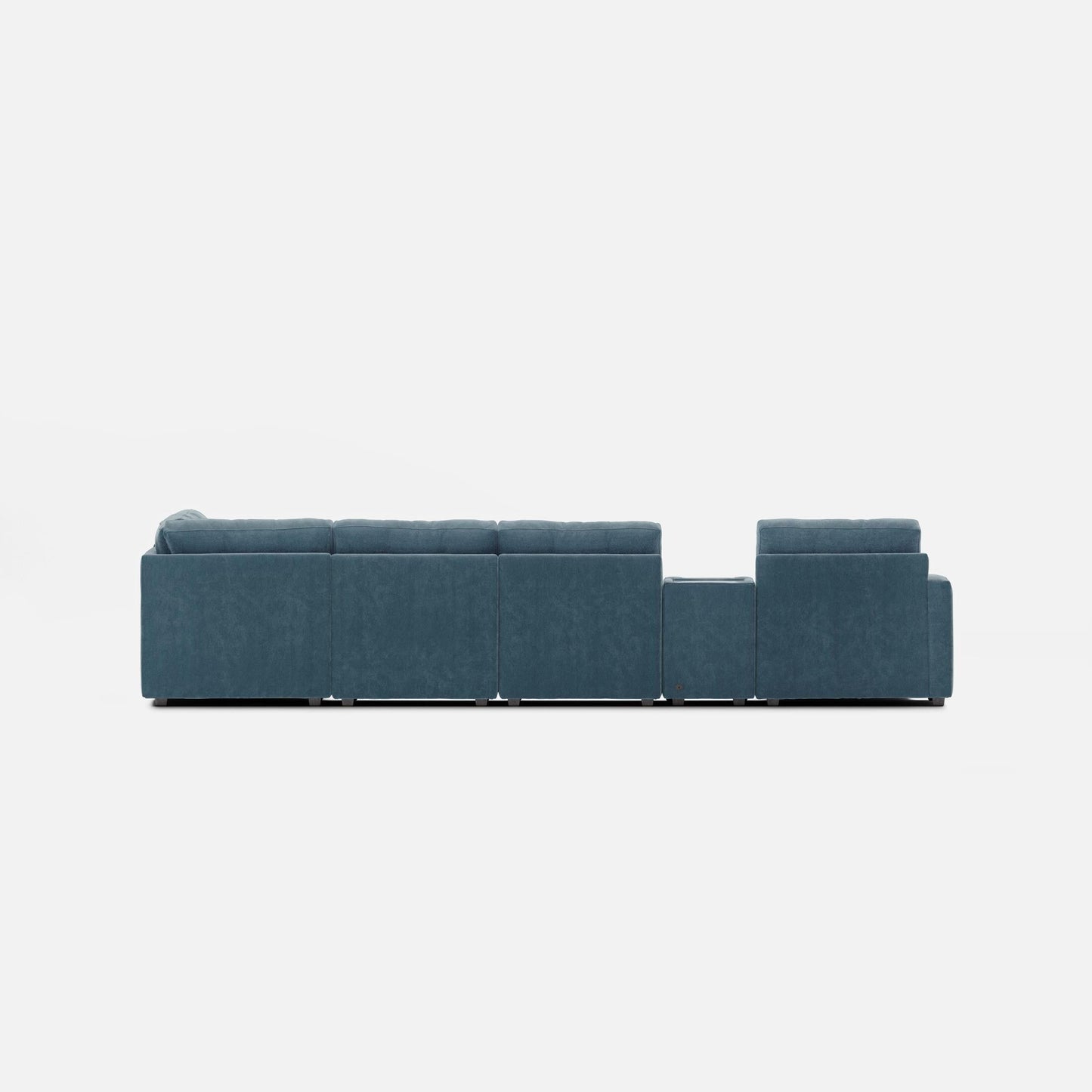 Teal modular sectional sofa, straight rear row with matching end ottomans