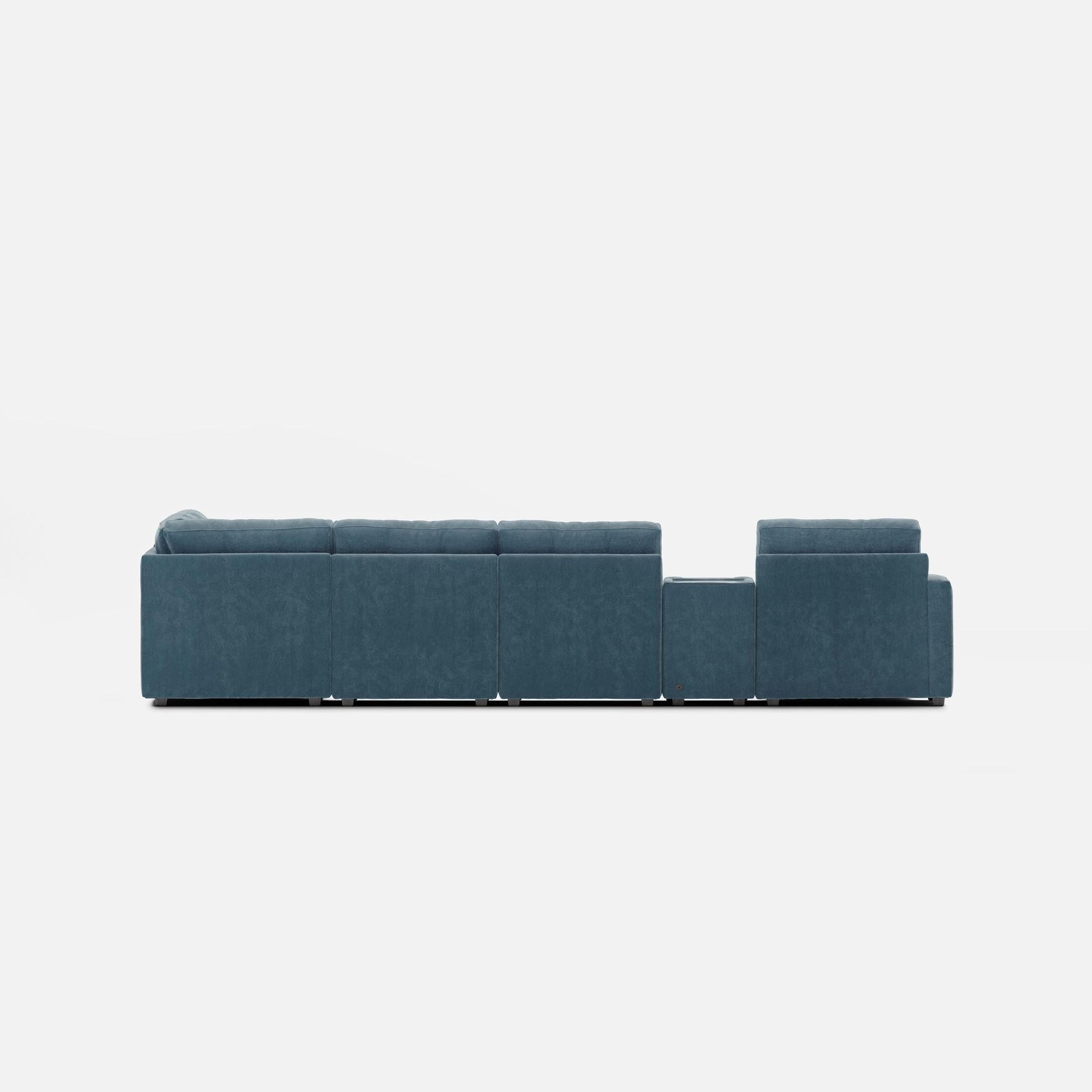 Teal modular sectional sofa, straight rear row with matching end ottomans