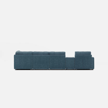 Teal modular sectional sofa, straight rear row with matching end ottomans