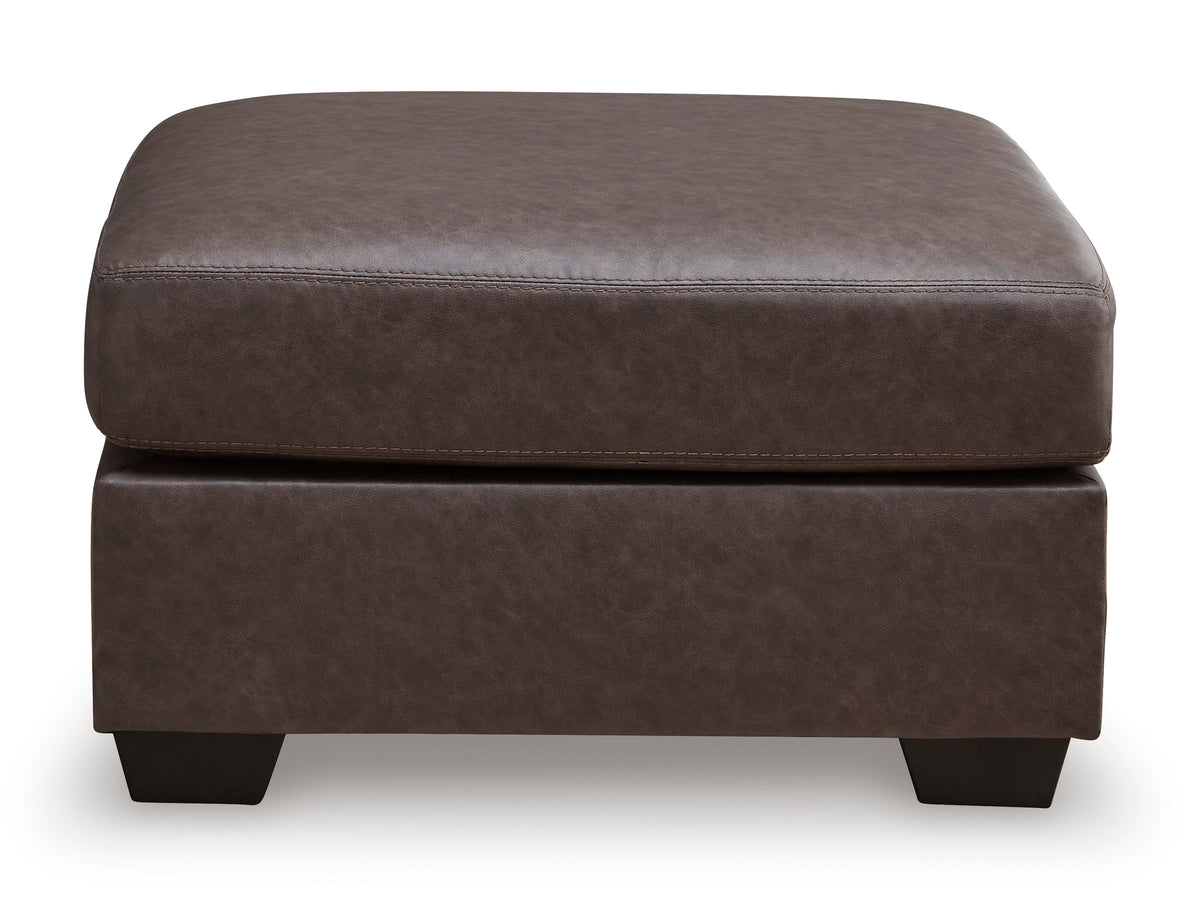 Brown upholstered ottoman with smooth top and black block feet
