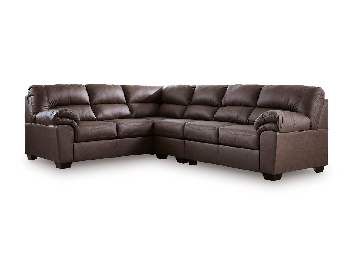 Brown left-facing sectional sofa with deep seat cushions and rolled arm details