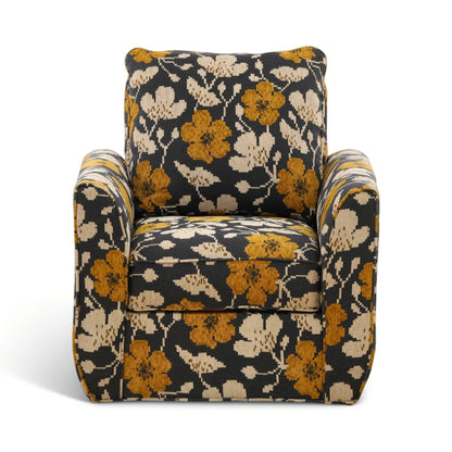 Black, tan floral accent chair with mustard blossoms; padded arms and seat cushions