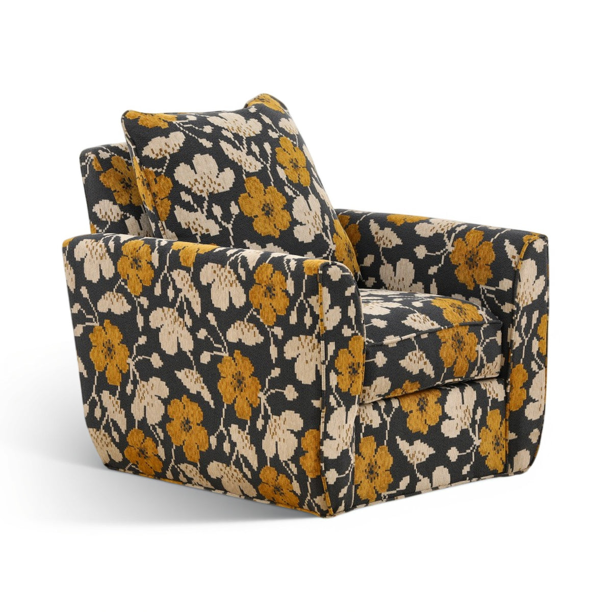 Black and tan accent chair with mustard floral print, rolled arms and seat cushion