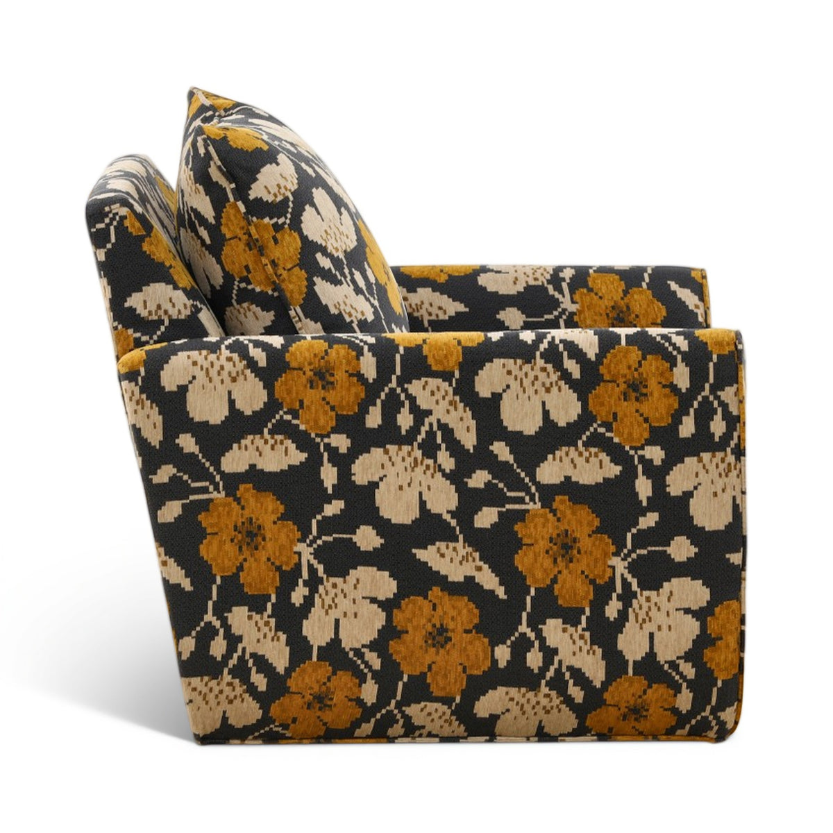 Black, tan floral accent chair with mustard pattern, square seat and deep back cushion