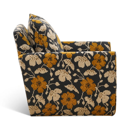 Black, tan floral accent chair with mustard pattern, square seat and deep back cushion