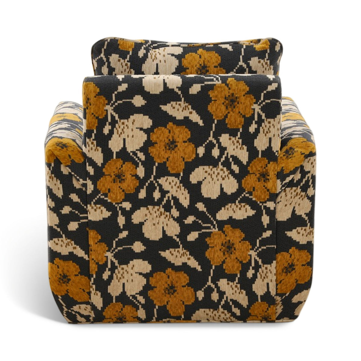 Black and tan accent chair with mustard floral upholstery, rounded arms and backrest