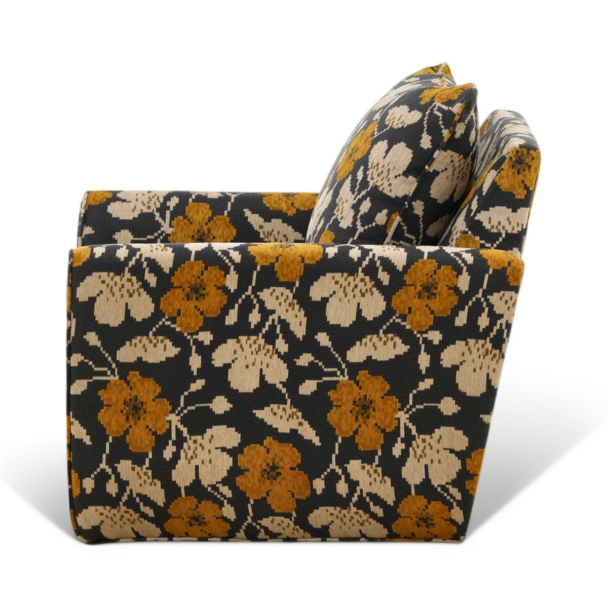 Black, tan accent chair with mustard floral upholstery, tall back pillow and armrests