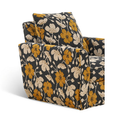 Black, tan floral accent chair with mustard blossoms, wide seat and curved back pillow