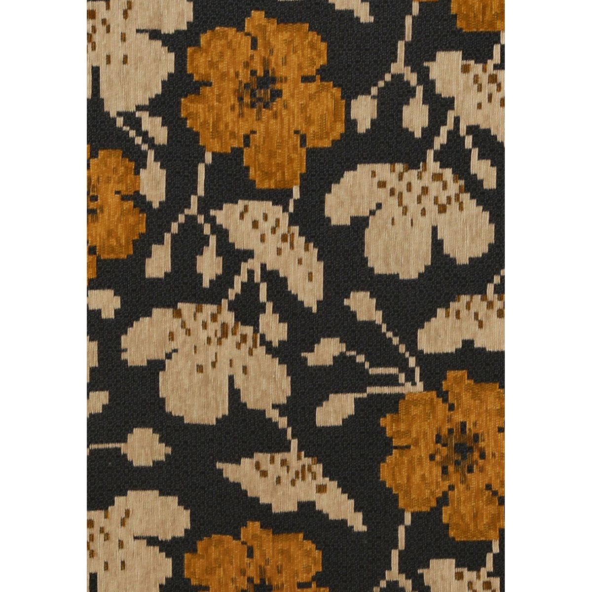 Upholstery fabric closeup with black background, tan flowers, and mustard pattern