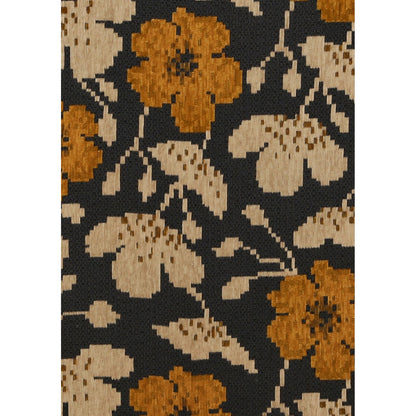 Upholstery fabric closeup with black background, tan flowers, and mustard pattern