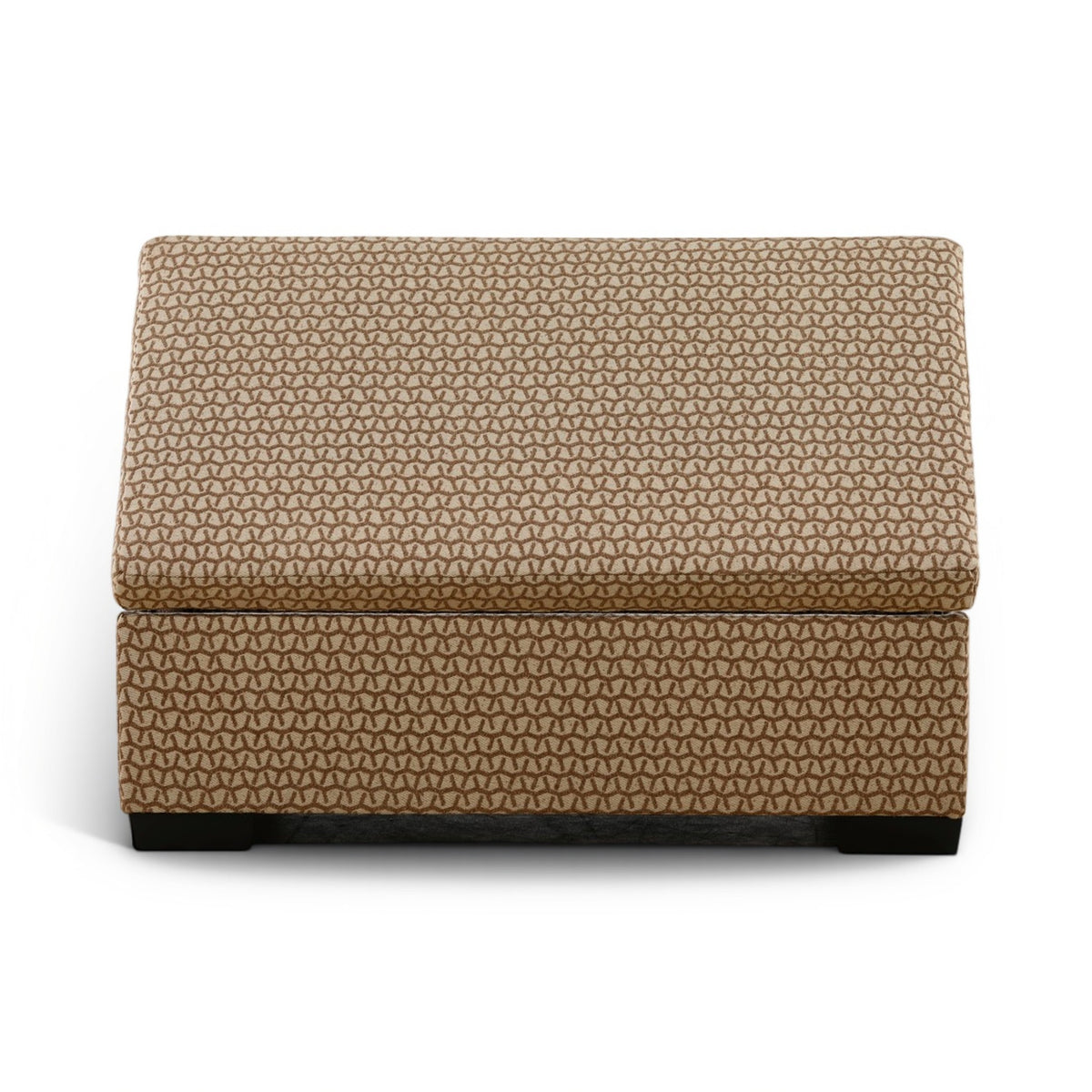 Two-tone look storage ottoman with textured tan fabric panels and closed hinged lid