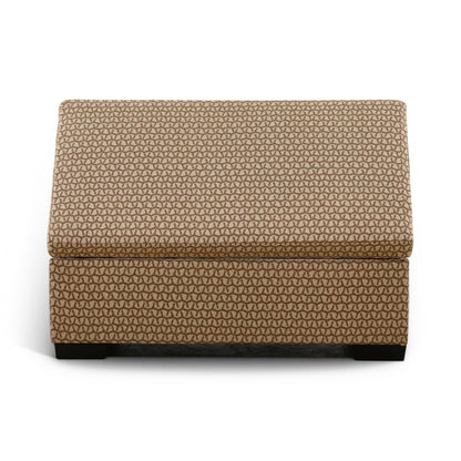 Two-tone look storage ottoman with textured tan fabric panels and closed hinged lid