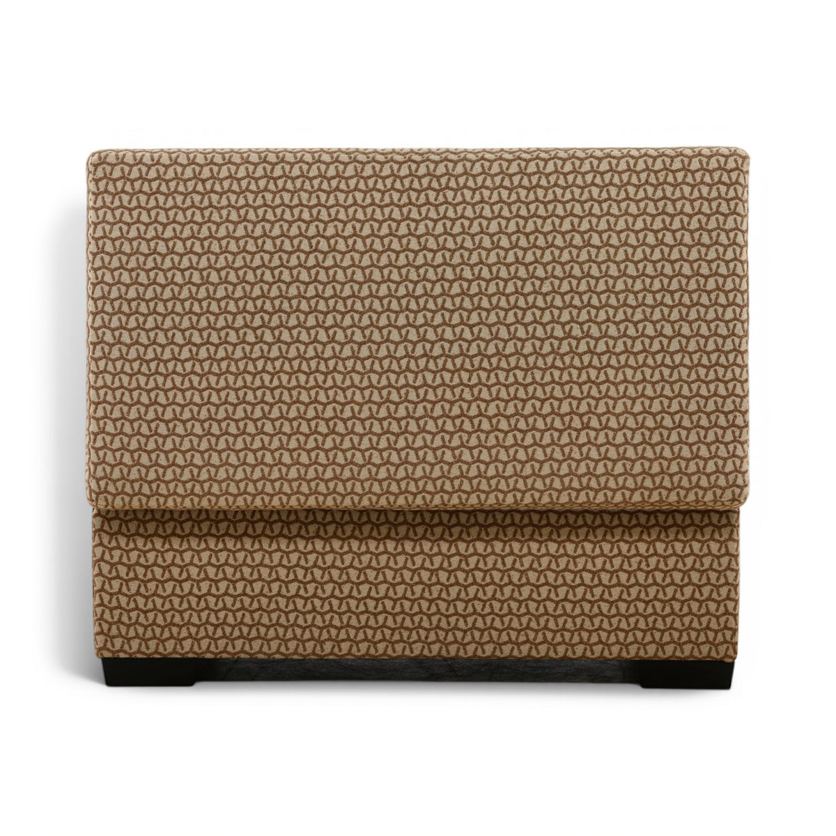 Tan storage ottoman with dark geometric pattern and closed hinged lid