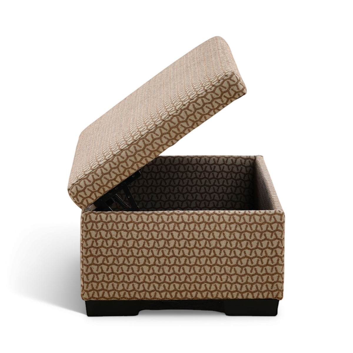 Storage ottoman with open lid at an angle; textured tan fabric and black interior