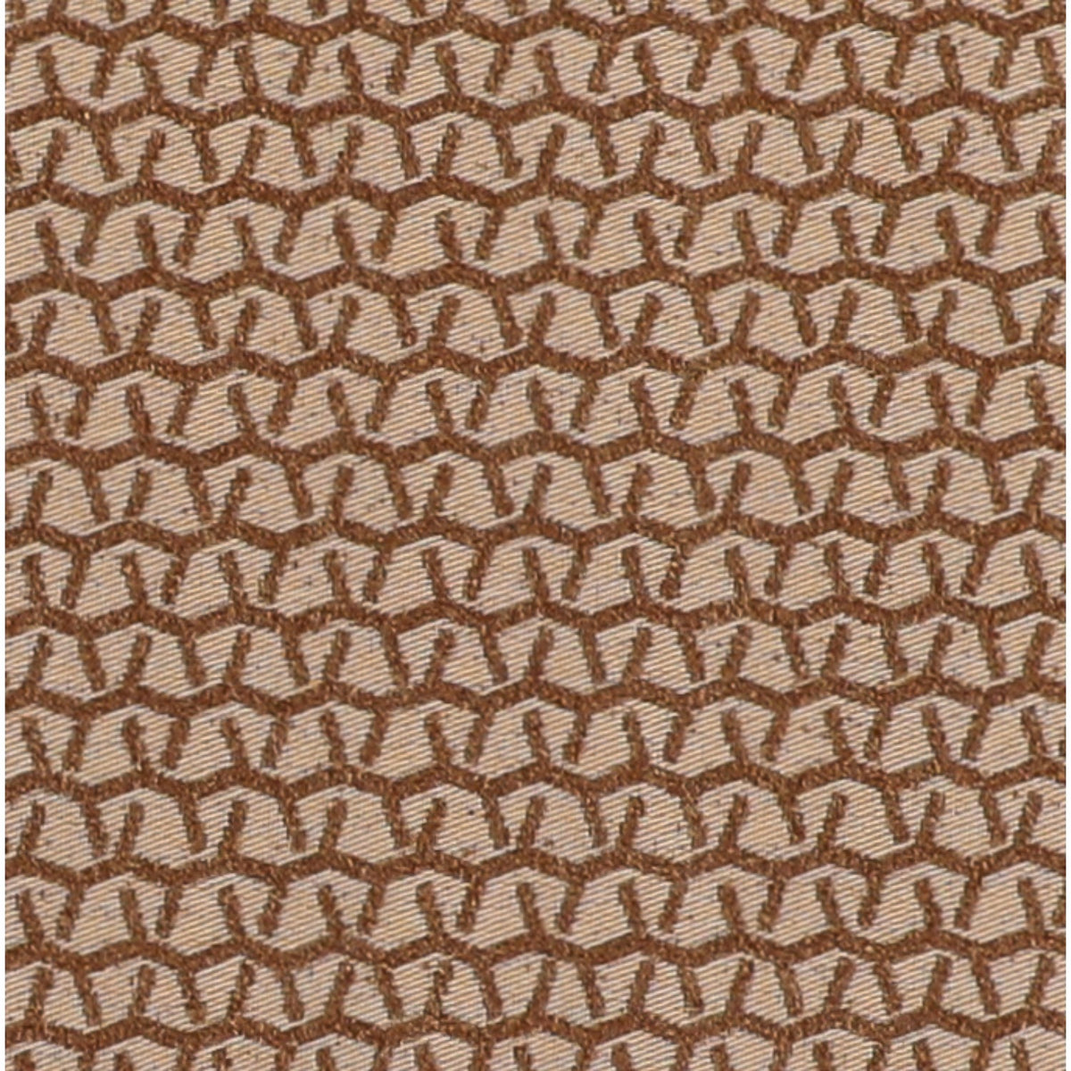 Close-up of tan woven fabric with repeating brown geometric pattern