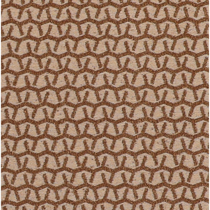 Close-up of tan woven fabric with repeating brown geometric pattern