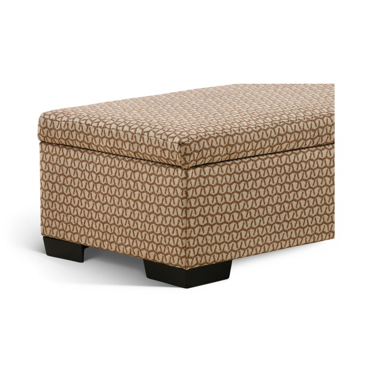 Tan storage ottoman with geometric weave pattern and black base legs