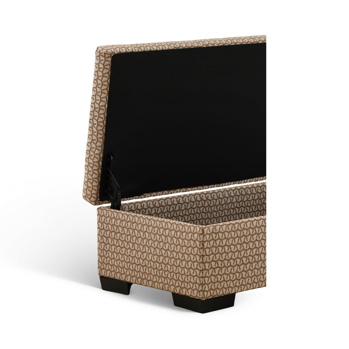 Tan storage ottoman with hinged lid open, showing dark interior panel