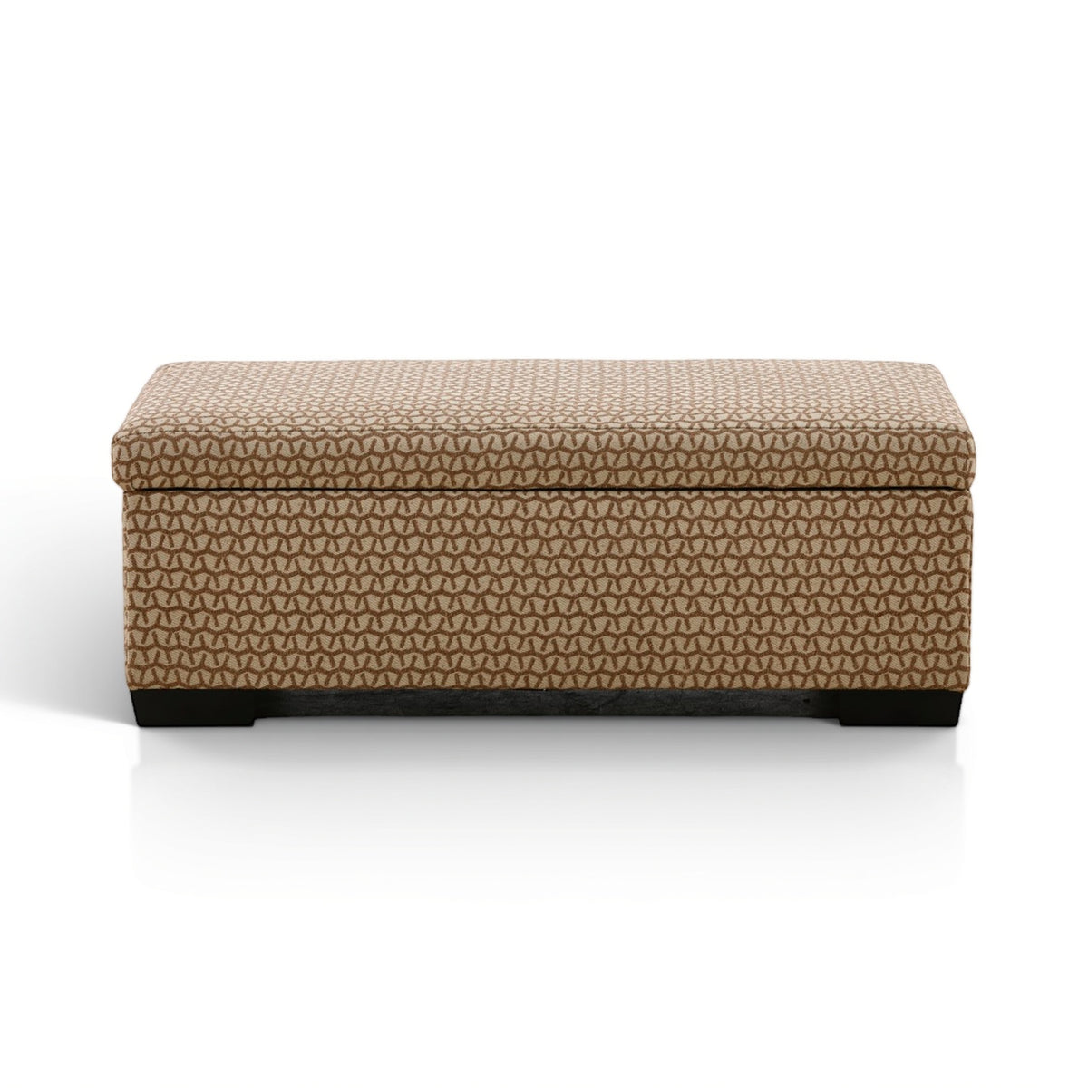 Rectangular storage ottoman with textured tan fabric and hinged lid, dark base