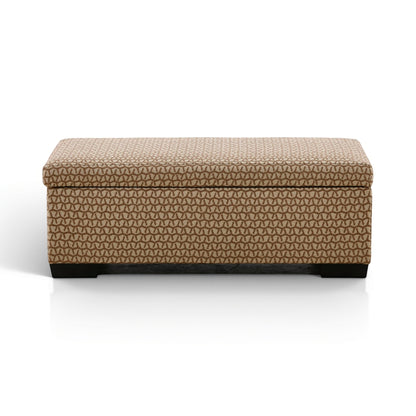 Rectangular storage ottoman with textured tan fabric and hinged lid, dark base